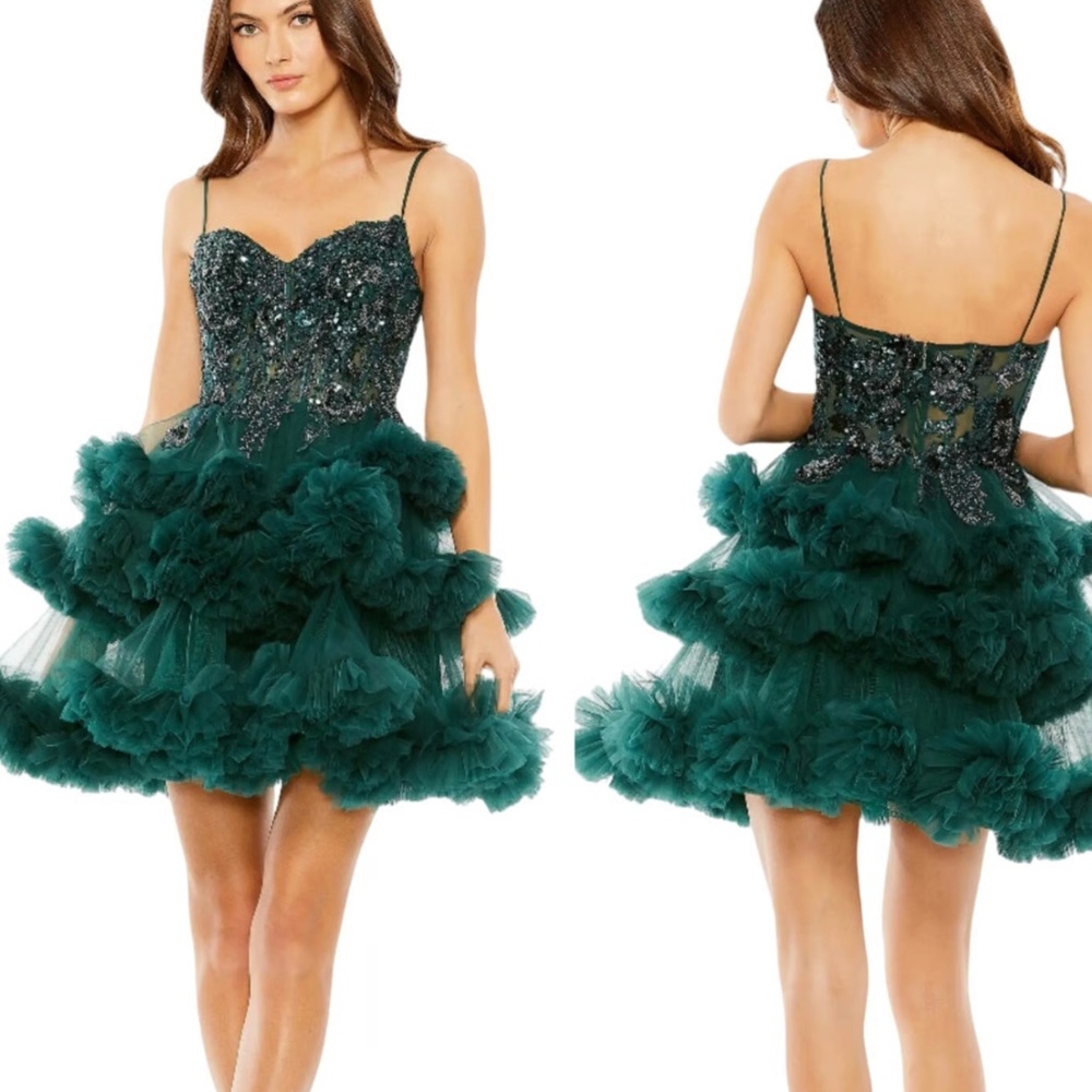 Mac Duggal 20645 Beaded Bodice Tiered Tulle Dress | Mini | Hunter Green Holiday